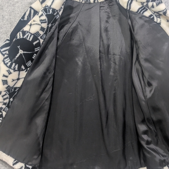 Vintage Black and White Roman Numerical Clock Pattern Coat Faux Fur Women 44 M - Picture 6 of 9